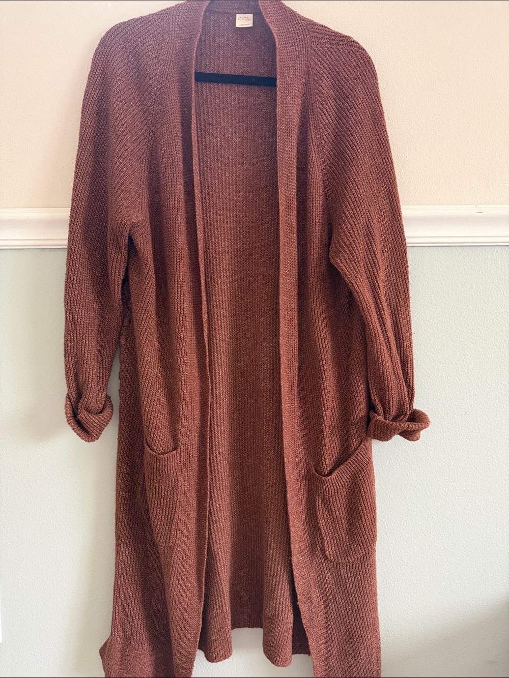 Sun & Shadow Long Open-Front Cardigan in Rust Brown